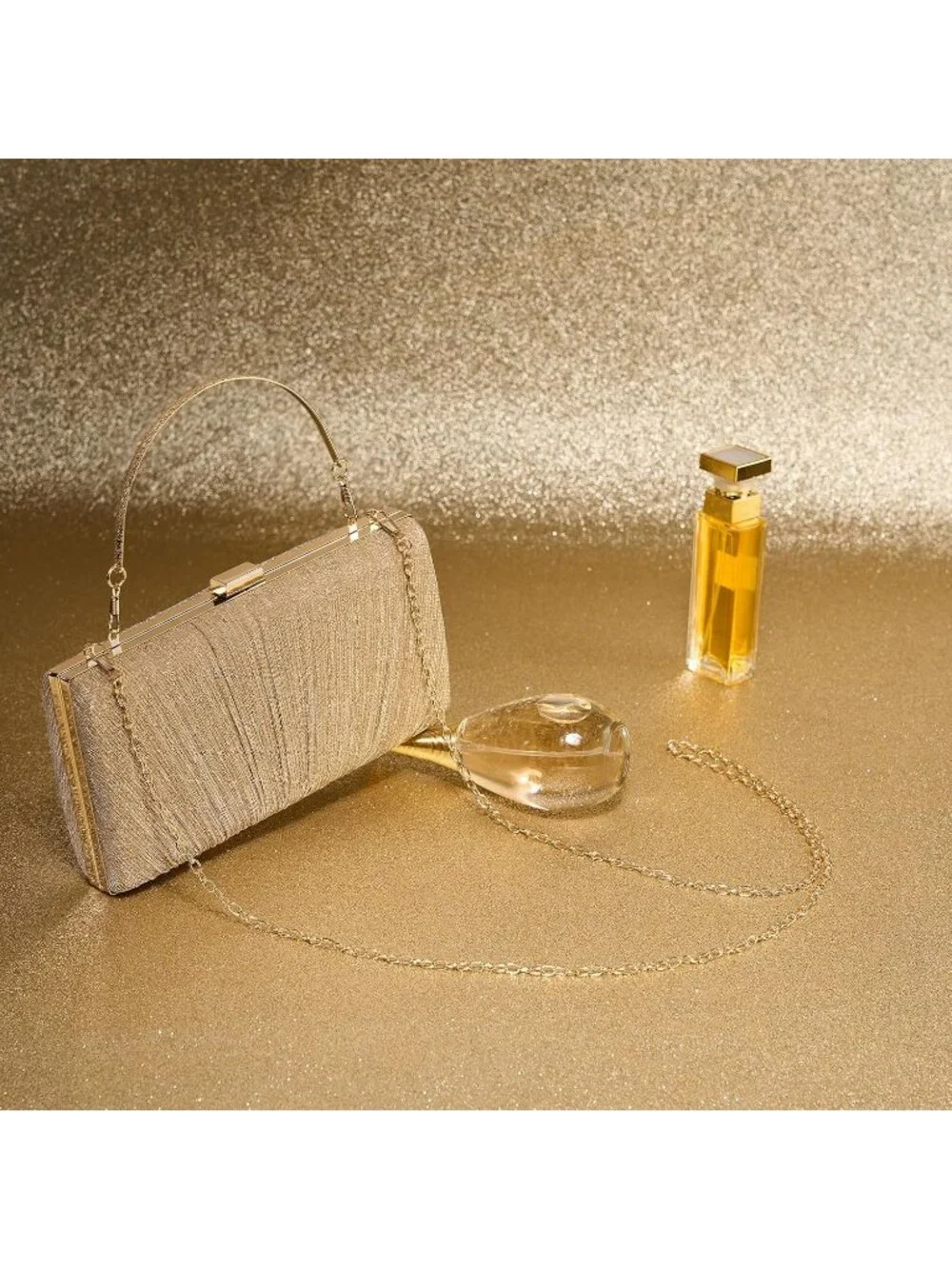 Women's Gold Pleated Evening Handbag with Chain Prom Classic Clutch Purses